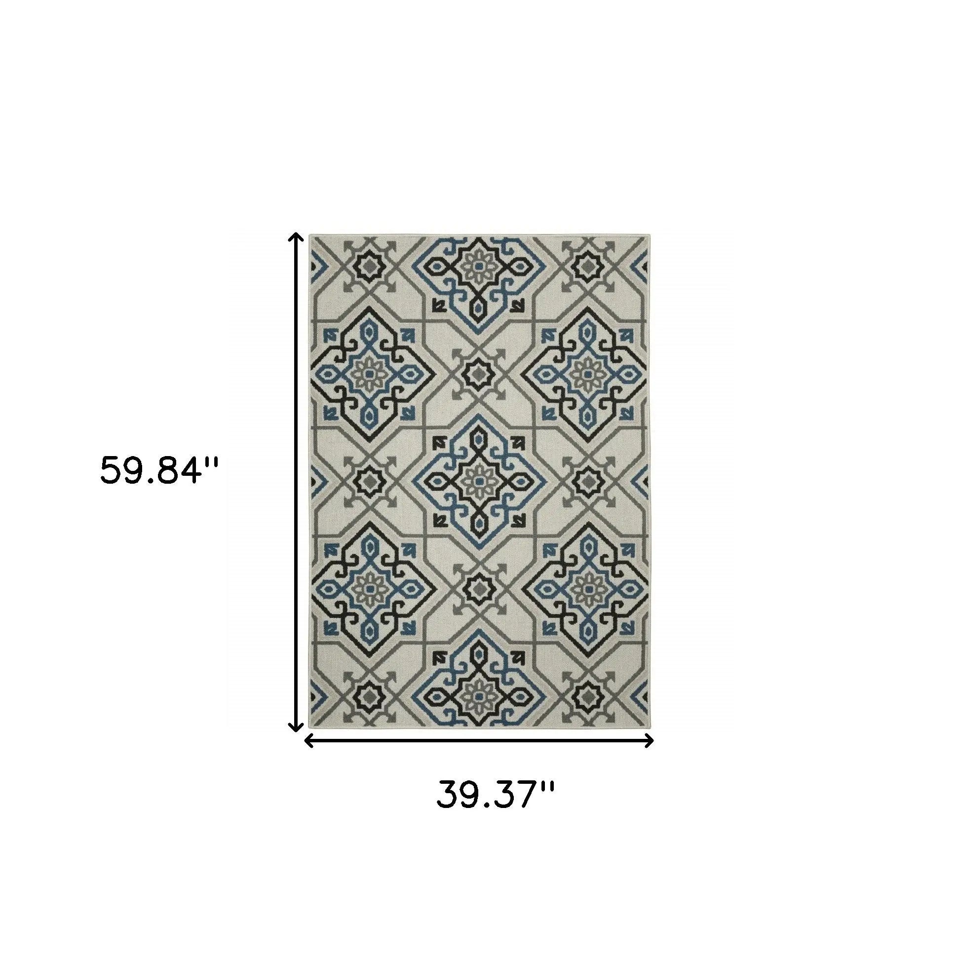 3' X 5' Blue and Beige Oriental Stain Resistant Indoor Outdoor Area Rug Homeroots Outdoor