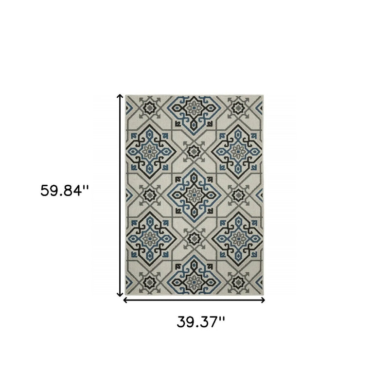 3' X 5' Blue and Beige Oriental Stain Resistant Indoor Outdoor Area Rug Homeroots Outdoor