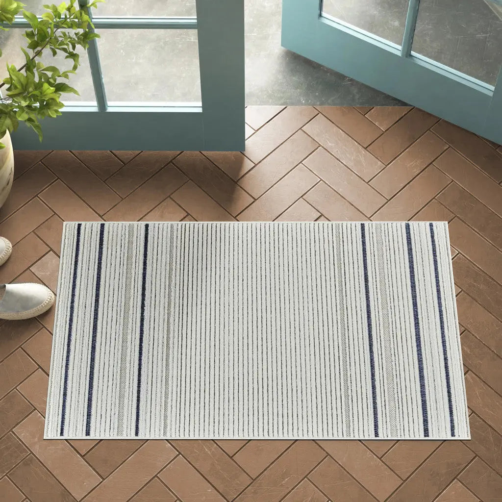 3' X 5' Blue and Cream Striped Distressed Indoor Outdoor Area Rug Homeroots Outdoor