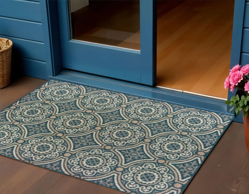 3' X 5' Blue and Gray Geometric Stain Resistant Indoor Outdoor Area Rug Homeroots Outdoor