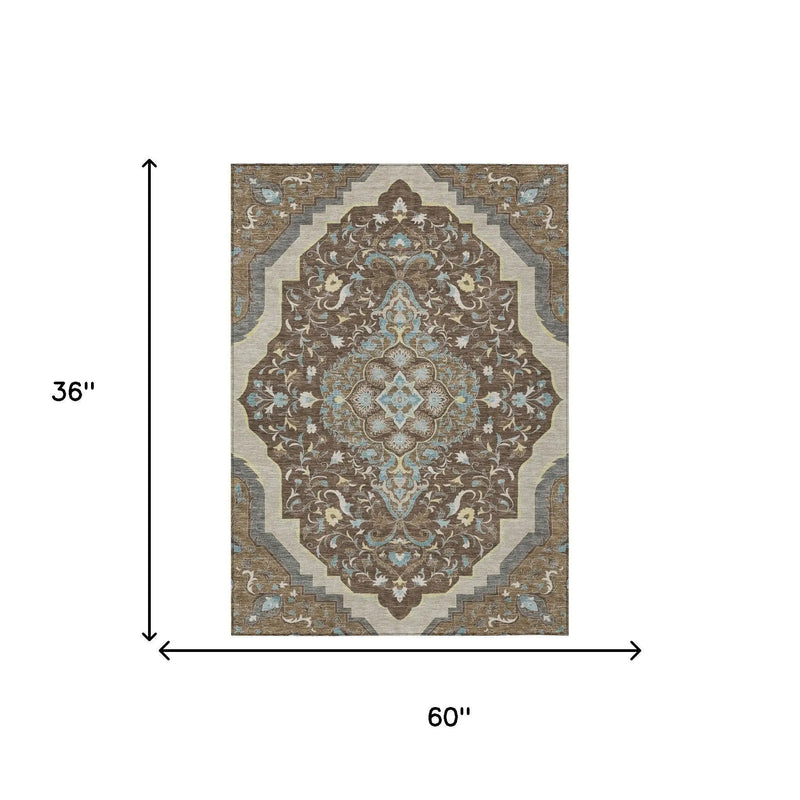 3' X 5' Brown And Beige Medallion Washable Indoor Outdoor Area Rug Homeroots Outdoor