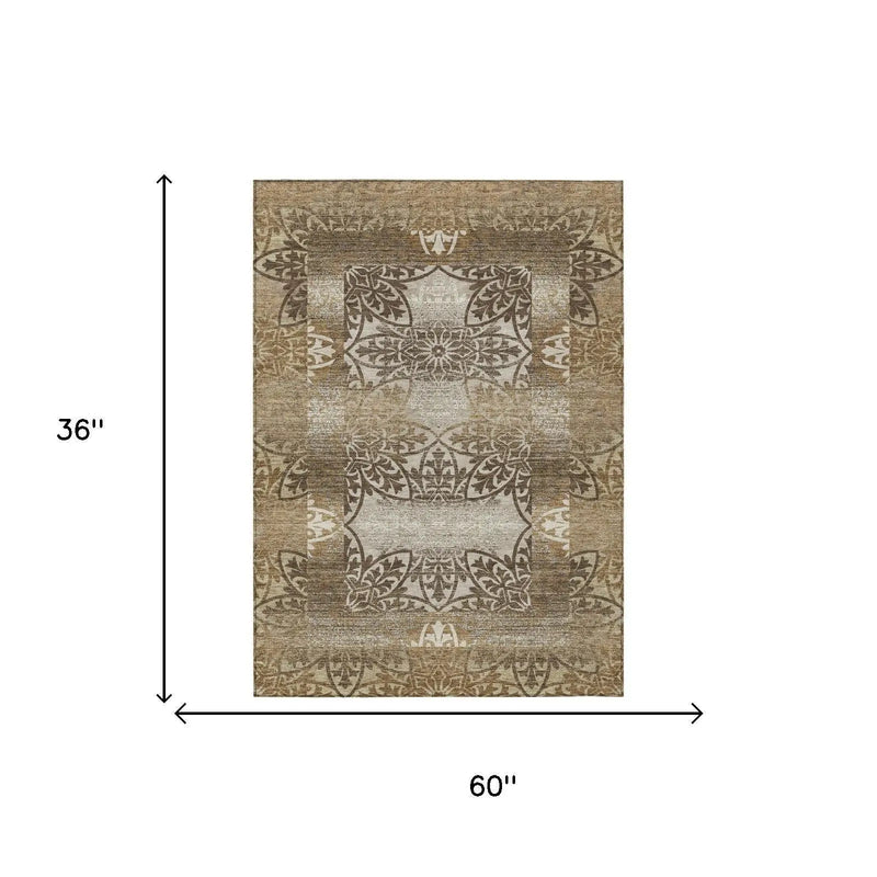 3' X 5' Brown And Beige Oriental Washable Indoor Outdoor Area Rug Homeroots Outdoor