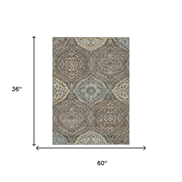 3' X 5' Brown And Graphite Ogee Washable Indoor Outdoor Area Rug Homeroots Outdoor