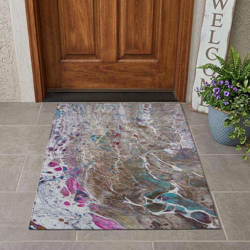 3' X 5' Brown And Gray Abstract Washable Indoor Outdoor Area Rug Homeroots Outdoor