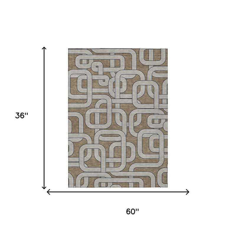 3' X 5' Brown And Gray Geometric Washable Indoor Outdoor Area Rug Homeroots Outdoor
