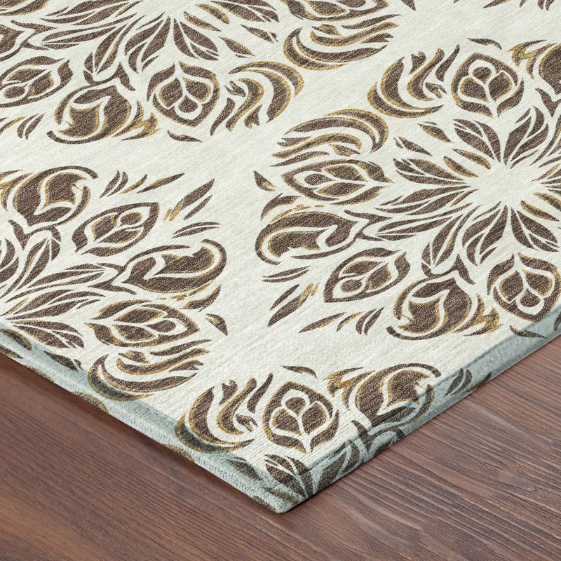 3' X 5' Brown And Ivory Damask Washable Indoor Outdoor Area Rug Homeroots Outdoor
