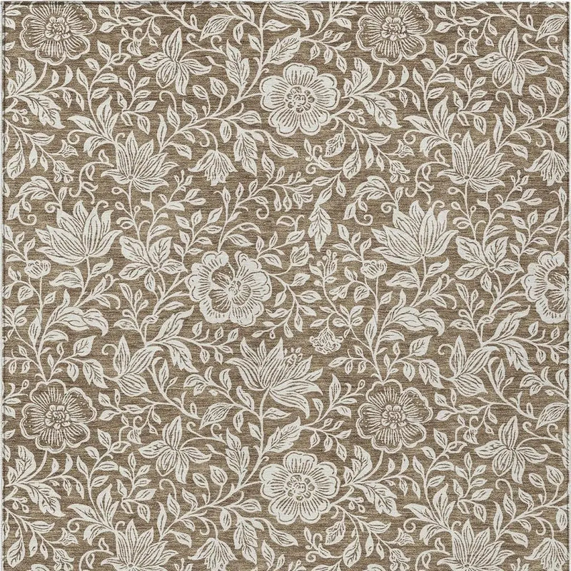 Brown floral fabric with white intricate patterns, ideal for upholstery or home décor accents.