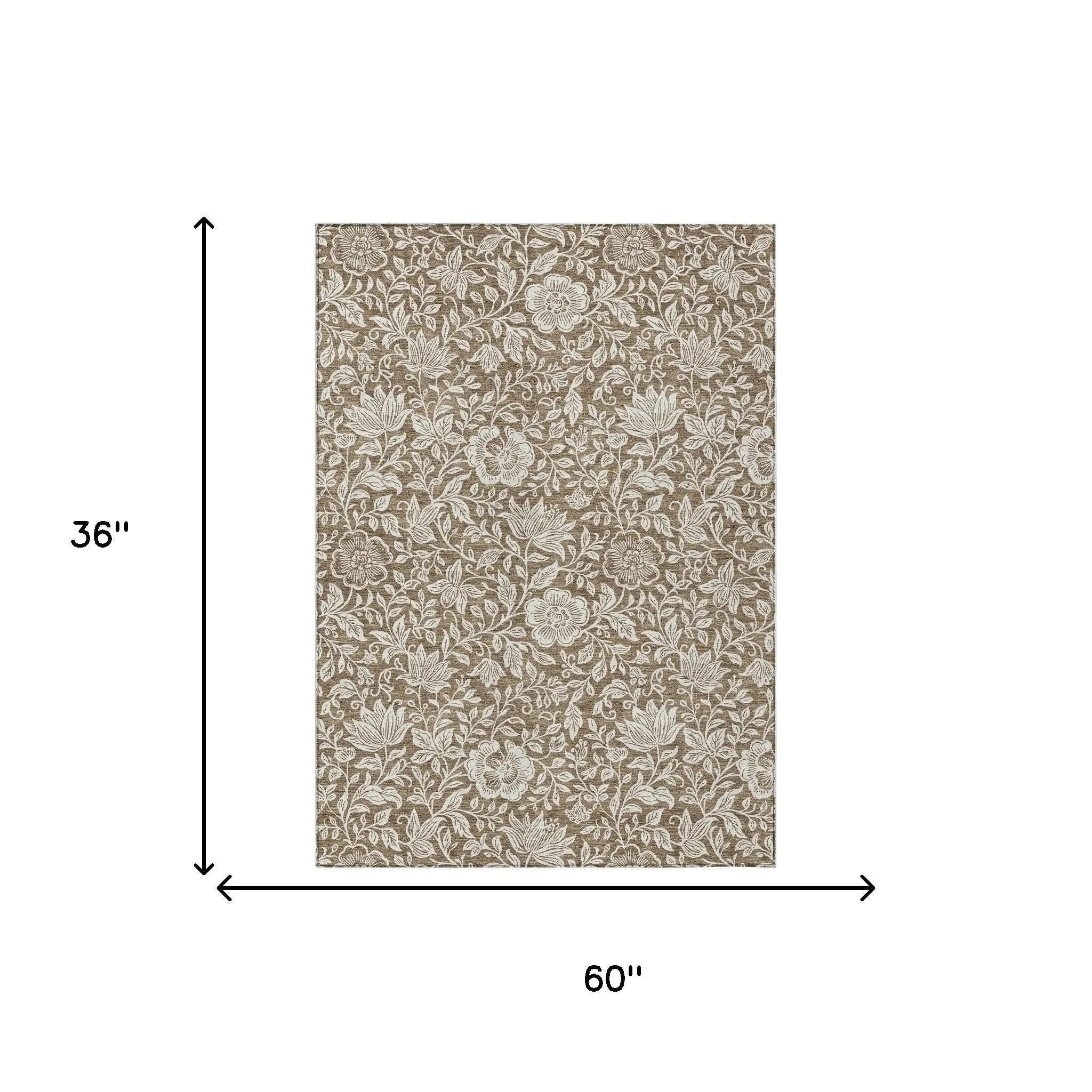 3' X 5' Brown And Ivory Floral Washable Indoor Outdoor Area Rug Homeroots Outdoor