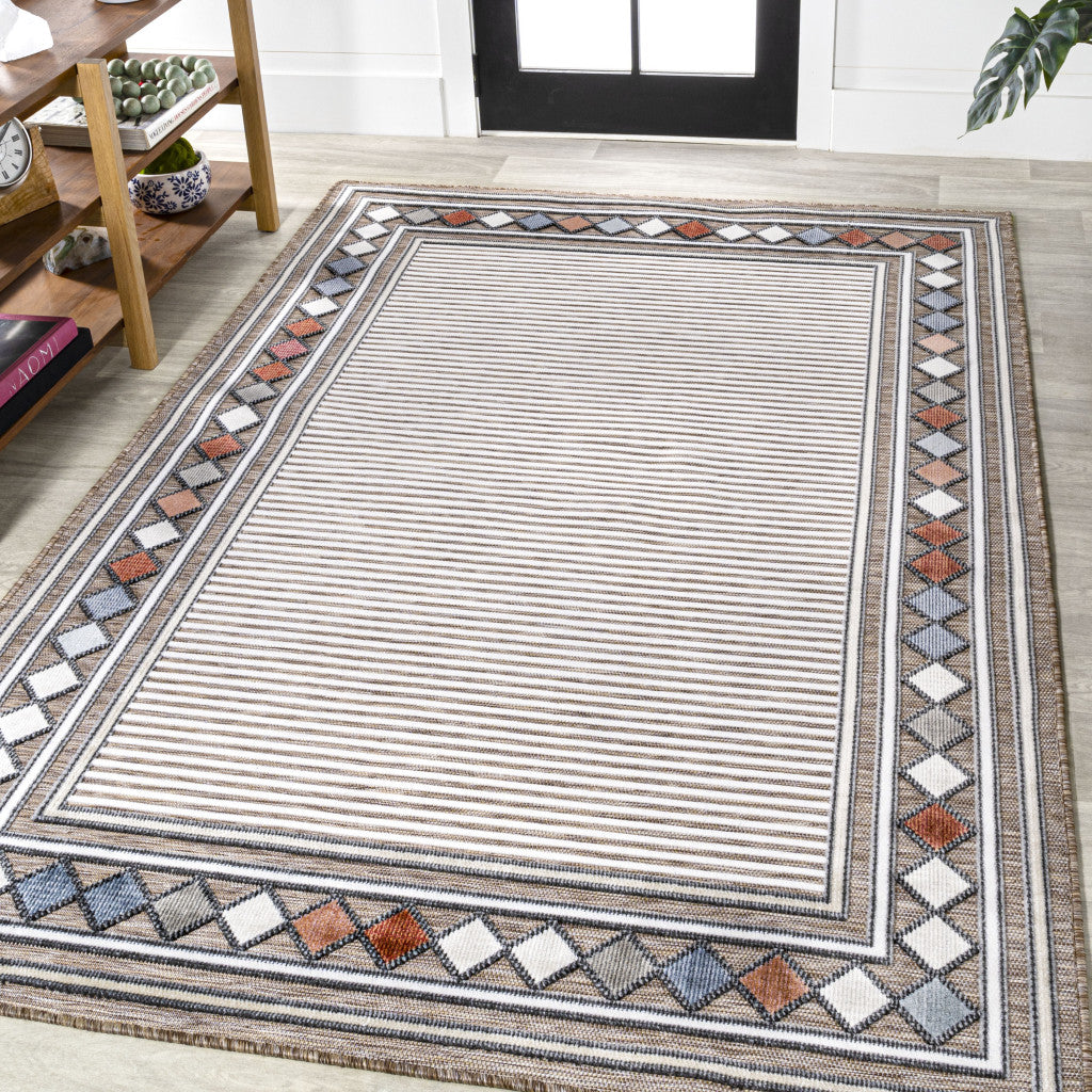 3' X 5' Brown And Ivory Geometric Indoor Outdoor Area Rug - GreatEagleInc