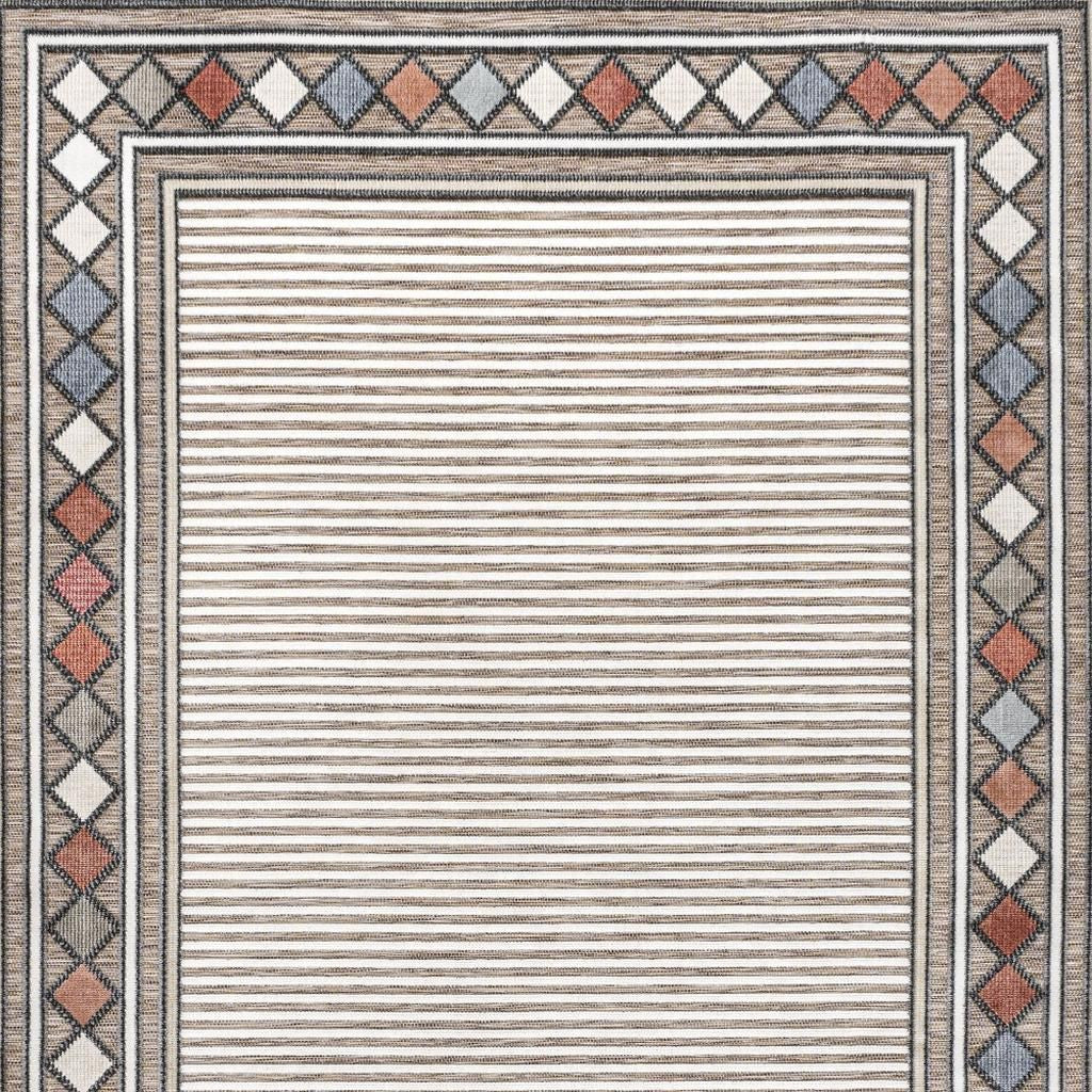 3' X 5' Brown And Ivory Geometric Indoor Outdoor Area Rug - GreatEagleInc