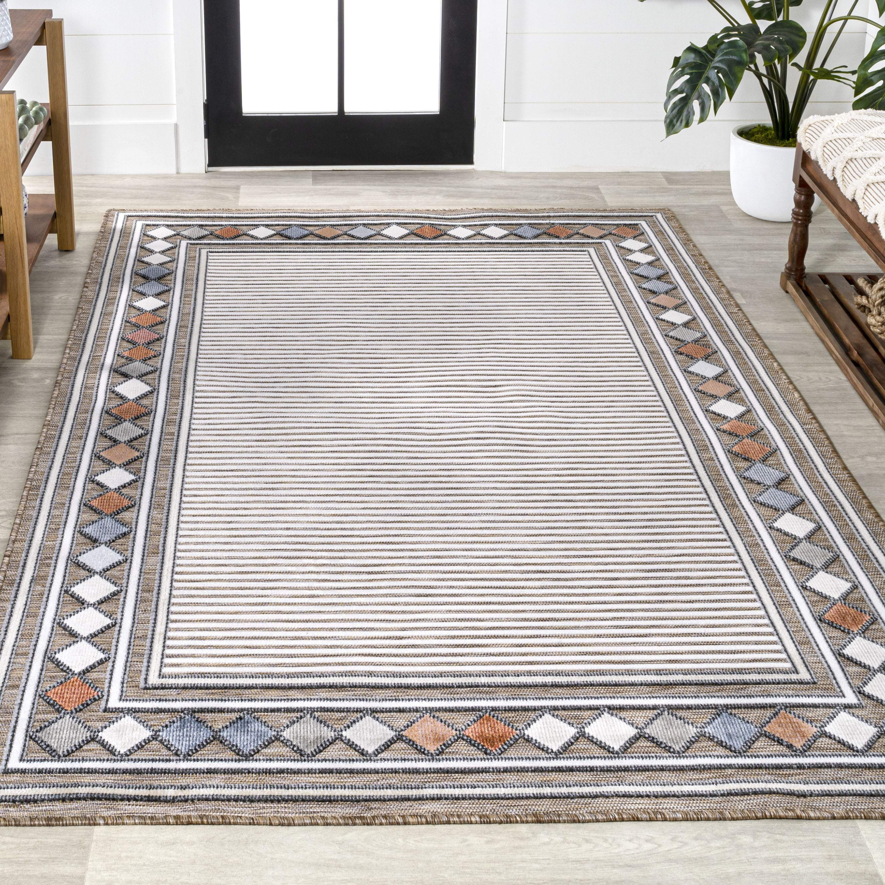3' X 5' Brown And Ivory Geometric Indoor Outdoor Area Rug - GreatEagleInc