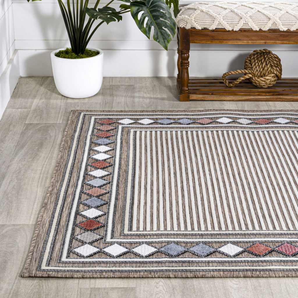 3' X 5' Brown And Ivory Geometric Indoor Outdoor Area Rug - GreatEagleInc