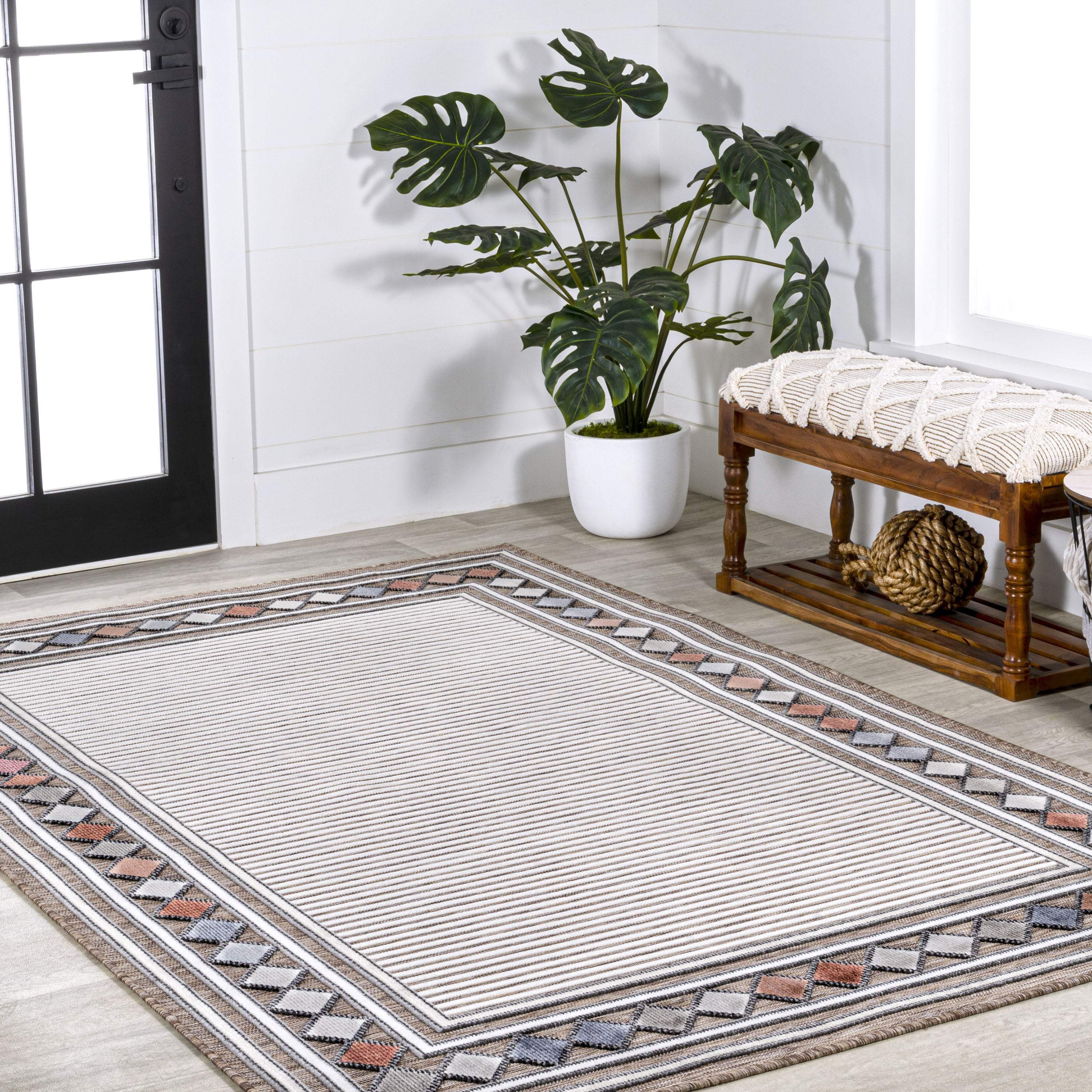 3' X 5' Brown And Ivory Geometric Indoor Outdoor Area Rug - GreatEagleInc