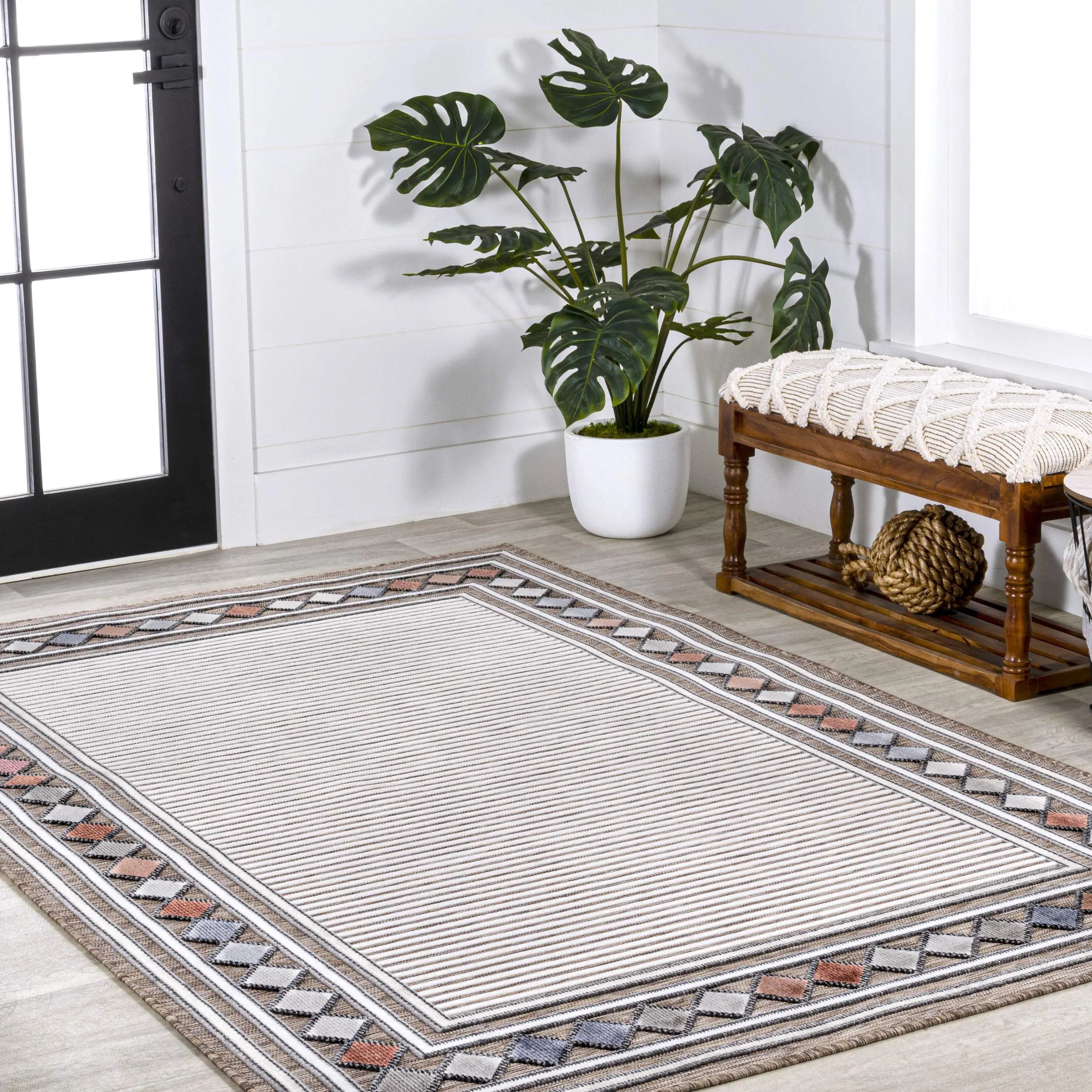 3' X 5' Brown And Ivory Geometric Indoor Outdoor Area Rug - GreatEagleInc