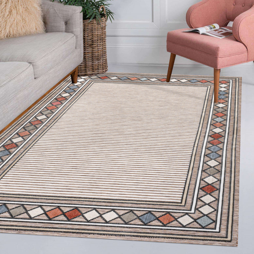 3' X 5' Brown And Ivory Geometric Indoor Outdoor Area Rug - GreatEagleInc