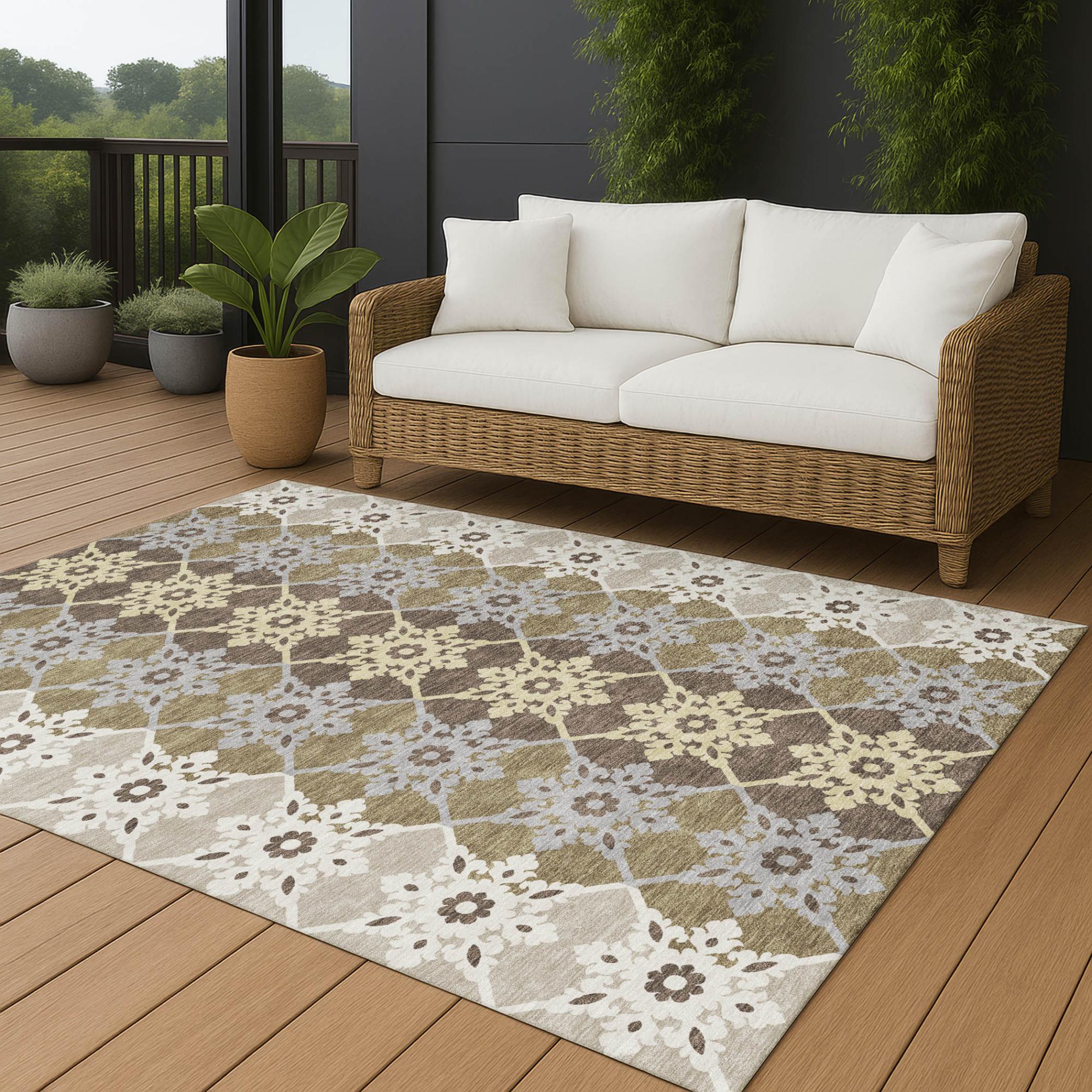 3' X 5' Brown And Pewter Floral Medallion Washable Indoor Outdoor Area Rug Homeroots Outdoor