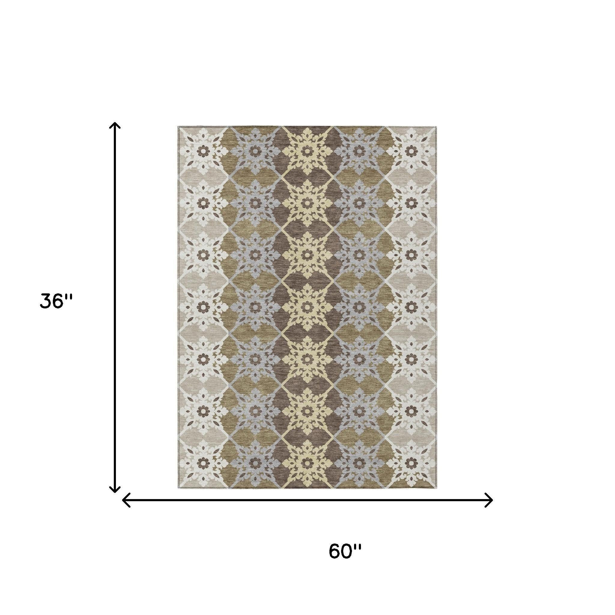 3' X 5' Brown And Pewter Floral Medallion Washable Indoor Outdoor Area Rug Homeroots Outdoor