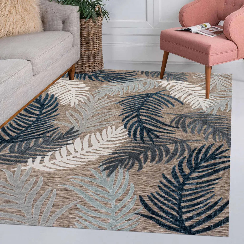 3' X 5' Brown Navy Blue And Ivory Floral Indoor Outdoor Area Rug - GreatEagleInc