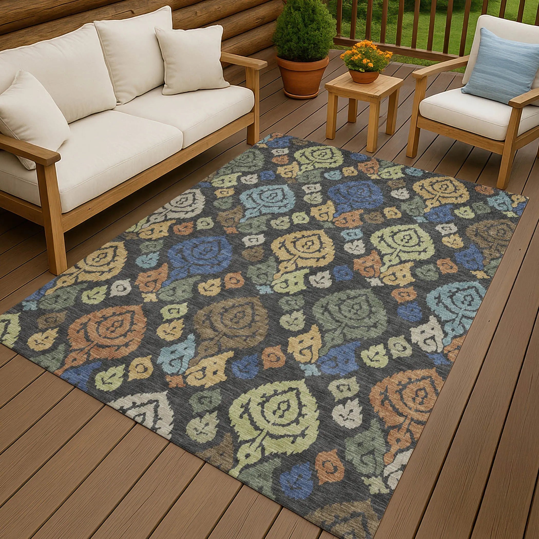 3' X 5' Charcoal And Green Damask Washable Indoor Outdoor Area Rug Homeroots Outdoor