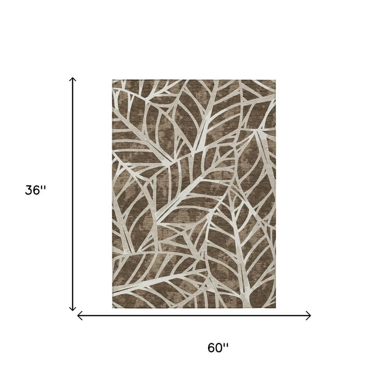 3' X 5' Chocolate And Brown Botanical Leaves Washable Indoor Outdoor Area Rug Homeroots Outdoor