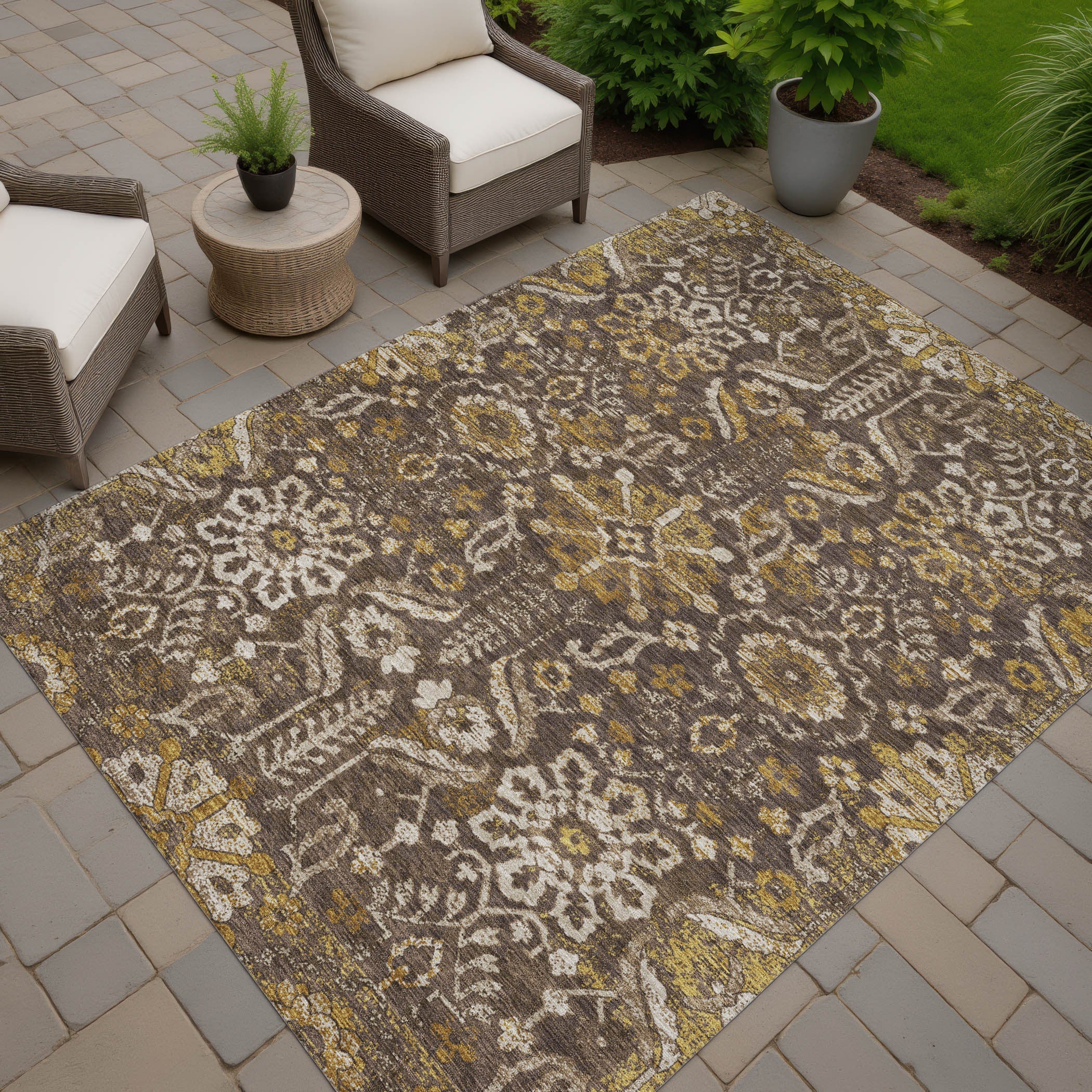 3' X 5' Chocolate And Brown Damask Washable Indoor Outdoor Area Rug Homeroots Outdoor