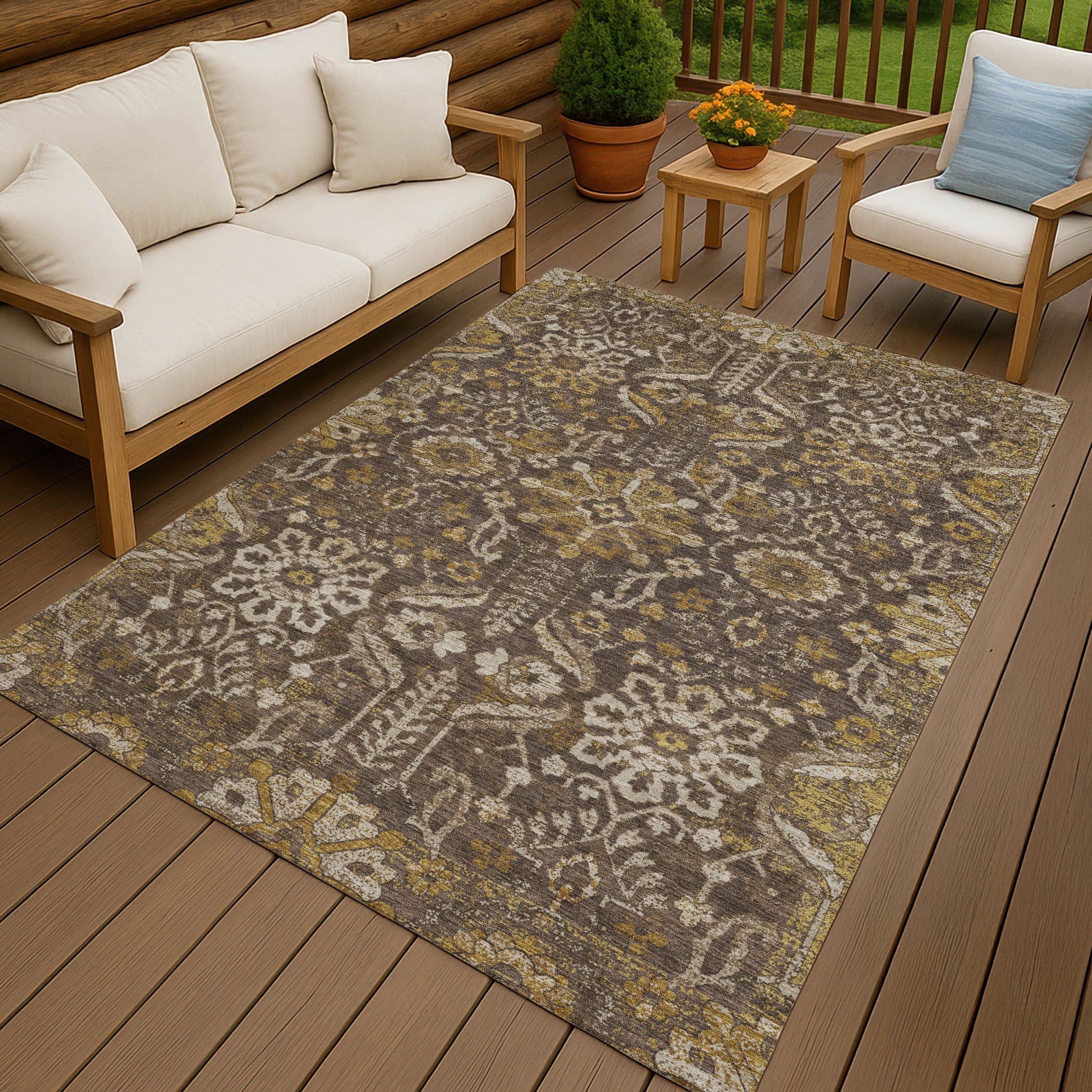 3' X 5' Chocolate And Brown Damask Washable Indoor Outdoor Area Rug Homeroots Outdoor