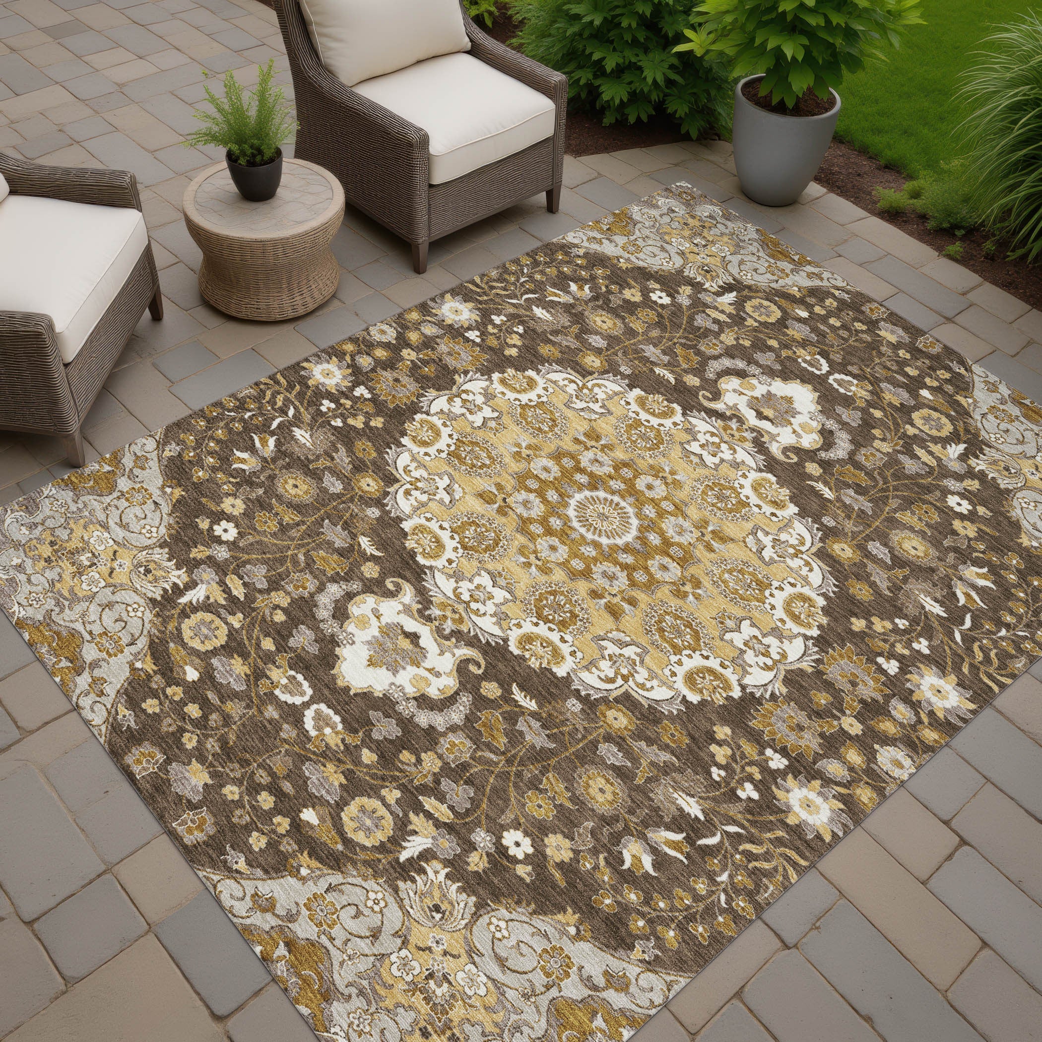 3' X 5' Chocolate And Brown Damask Washable Indoor Outdoor Area Rug Homeroots Outdoor