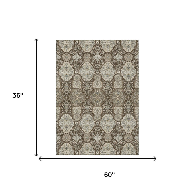 3' X 5' Chocolate And Brown Floral Washable Indoor Outdoor Area Rug Homeroots Outdoor