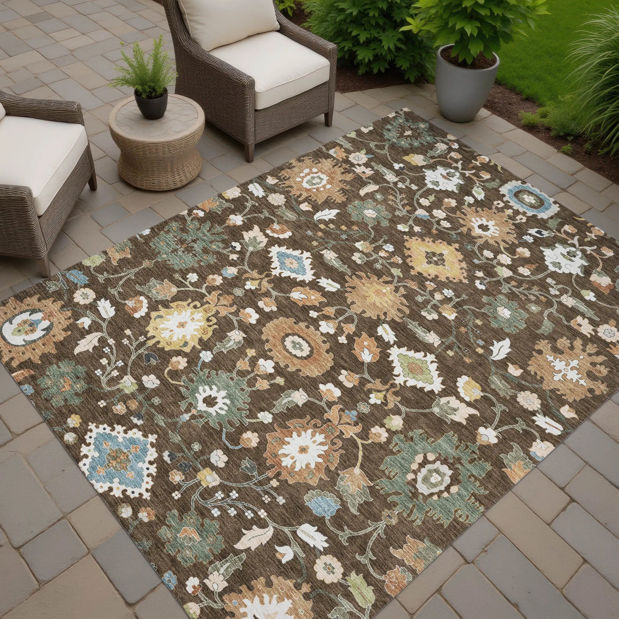 3' X 5' Chocolate And Copper Floral Medallion Washable Indoor Outdoor Area Rug Homeroots Outdoor