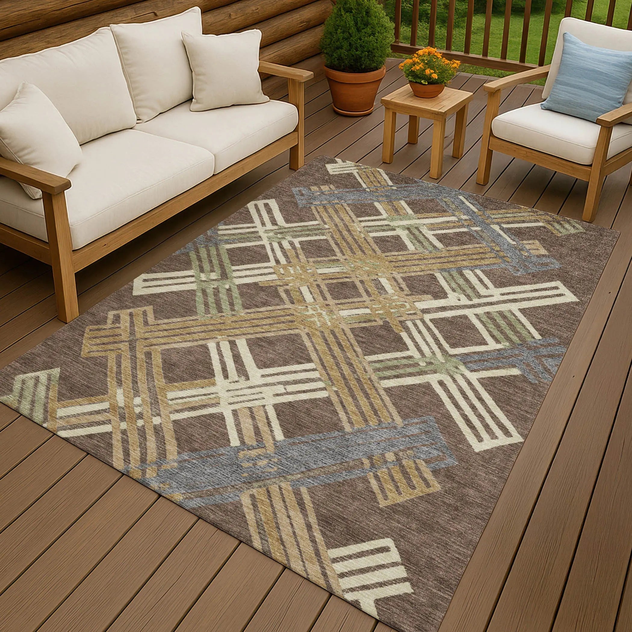 3' X 5' Chocolate And Gold Geometric Washable Indoor Outdoor Area Rug Homeroots Outdoor