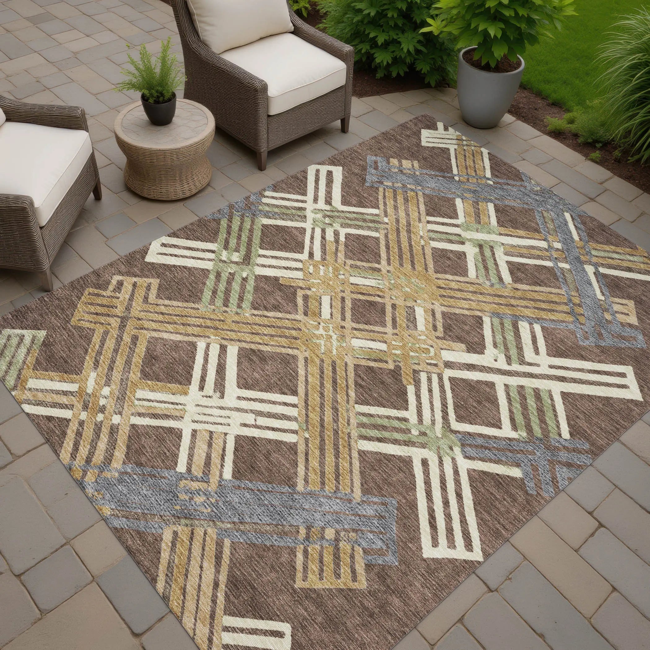 3' X 5' Chocolate And Gold Geometric Washable Indoor Outdoor Area Rug Homeroots Outdoor