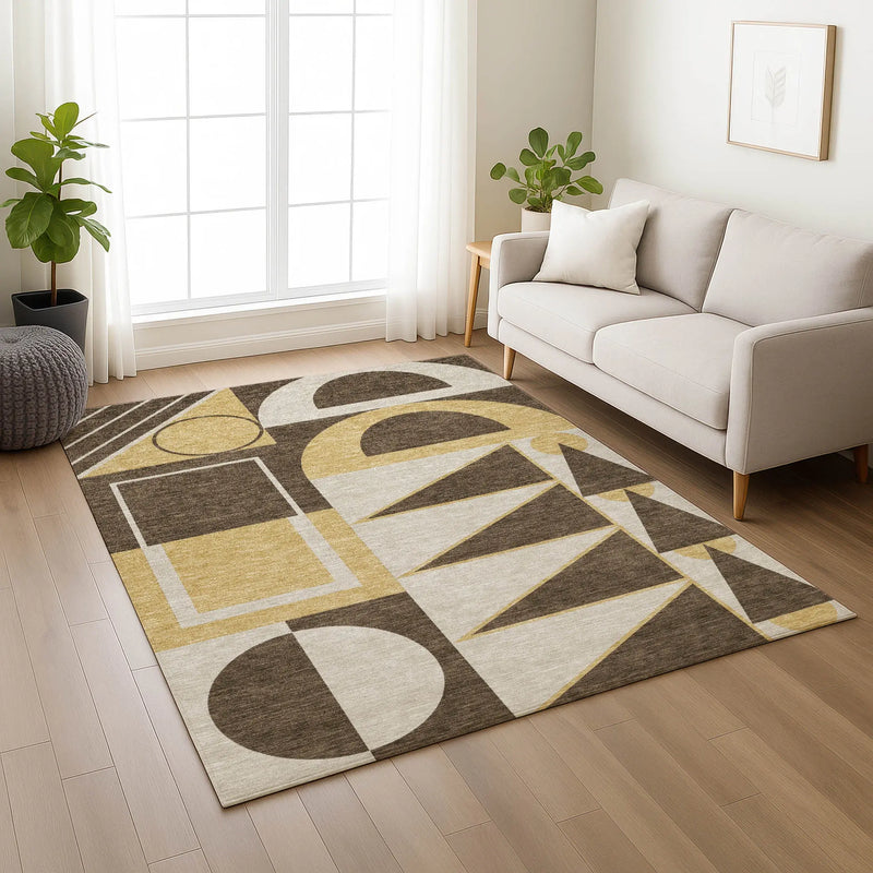 3' X 5' Chocolate And Gold Geometric Washable Indoor Outdoor Area Rug Homeroots Outdoor