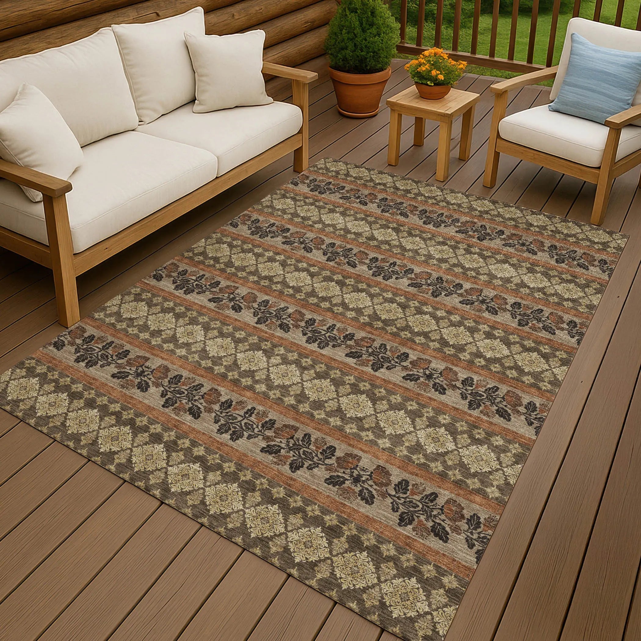 3' X 5' Chocolate And Gold Striped Washable Indoor Outdoor Area Rug Homeroots Outdoor