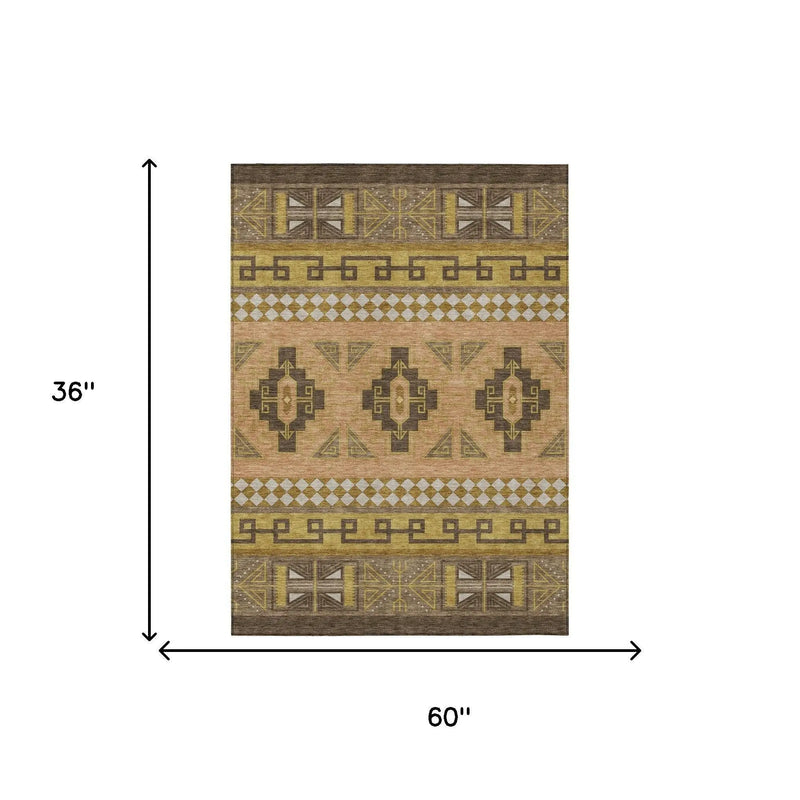 3' X 5' Chocolate And Olive Green Tribal Washable Indoor Outdoor Area Rug Homeroots Outdoor