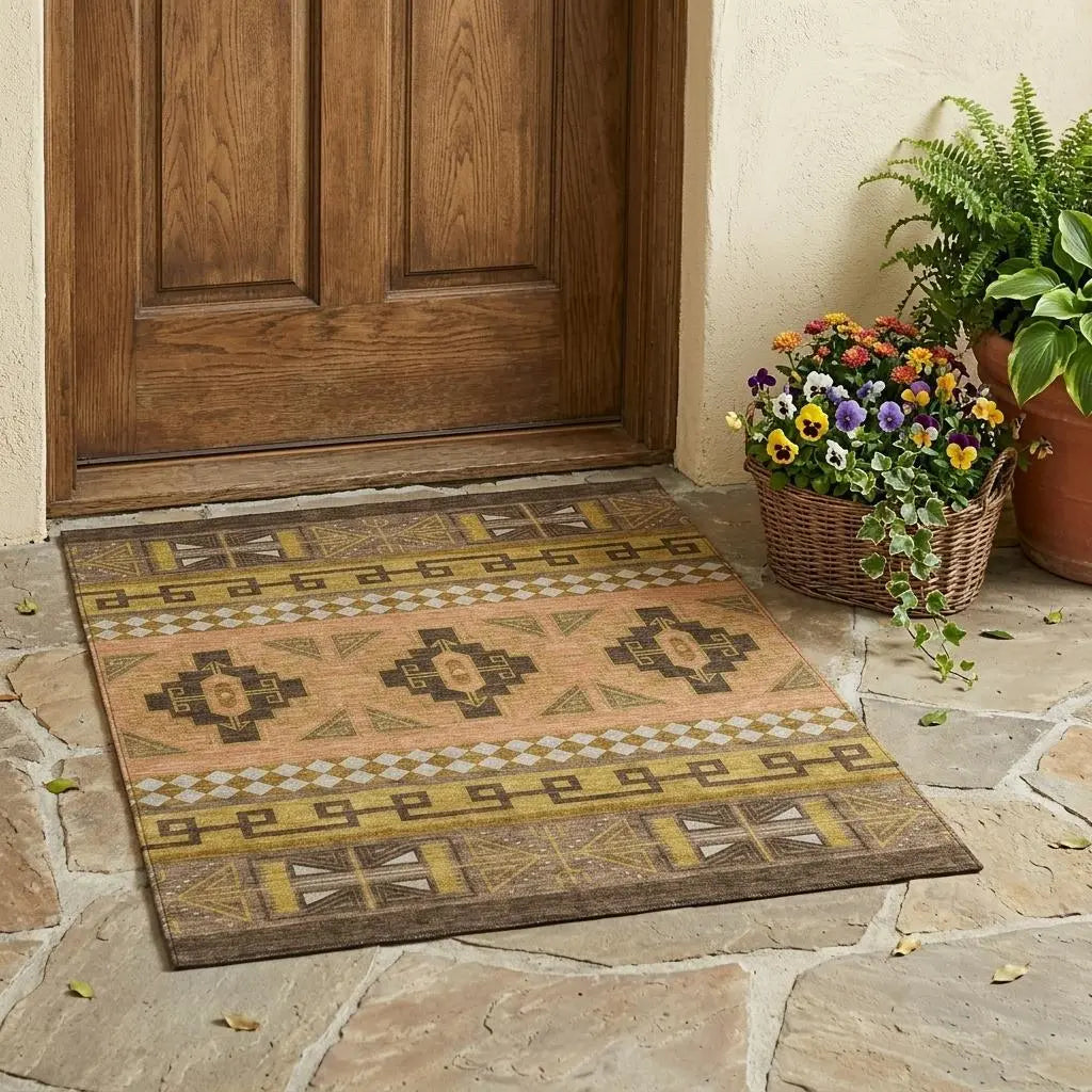 3' X 5' Chocolate And Olive Green Tribal Washable Indoor Outdoor Area Rug Homeroots Outdoor