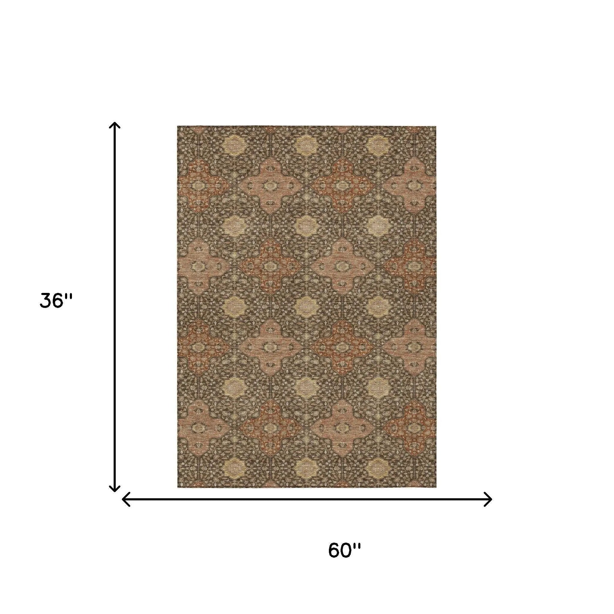 3' X 5' Chocolate And Orange Damask Washable Indoor Outdoor Area Rug Homeroots Outdoor