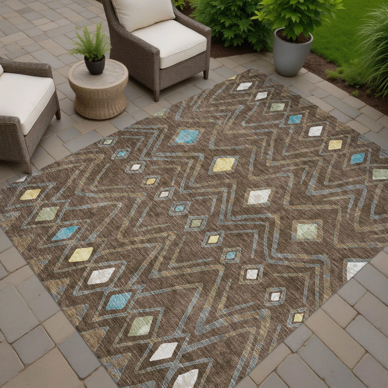 3' X 5' Chocolate And Orange Geometric Washable Indoor Outdoor Area Rug Homeroots Outdoor