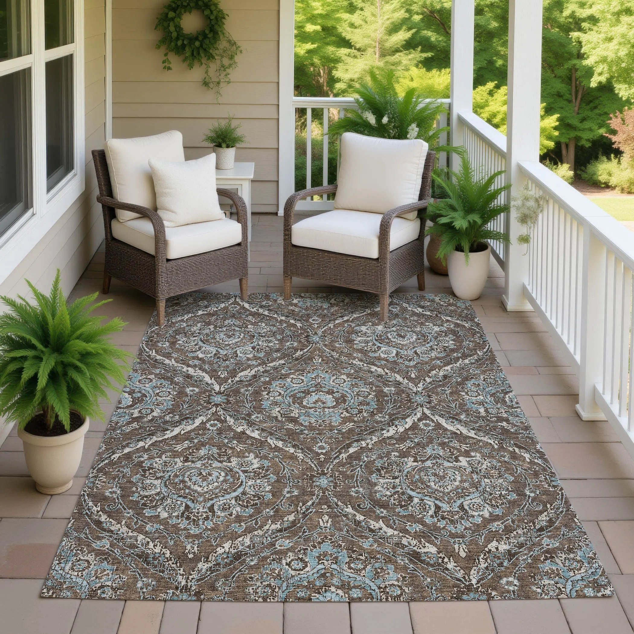 3' X 5' Chocolate And Silver Floral Washable Indoor Outdoor Area Rug Homeroots Outdoor