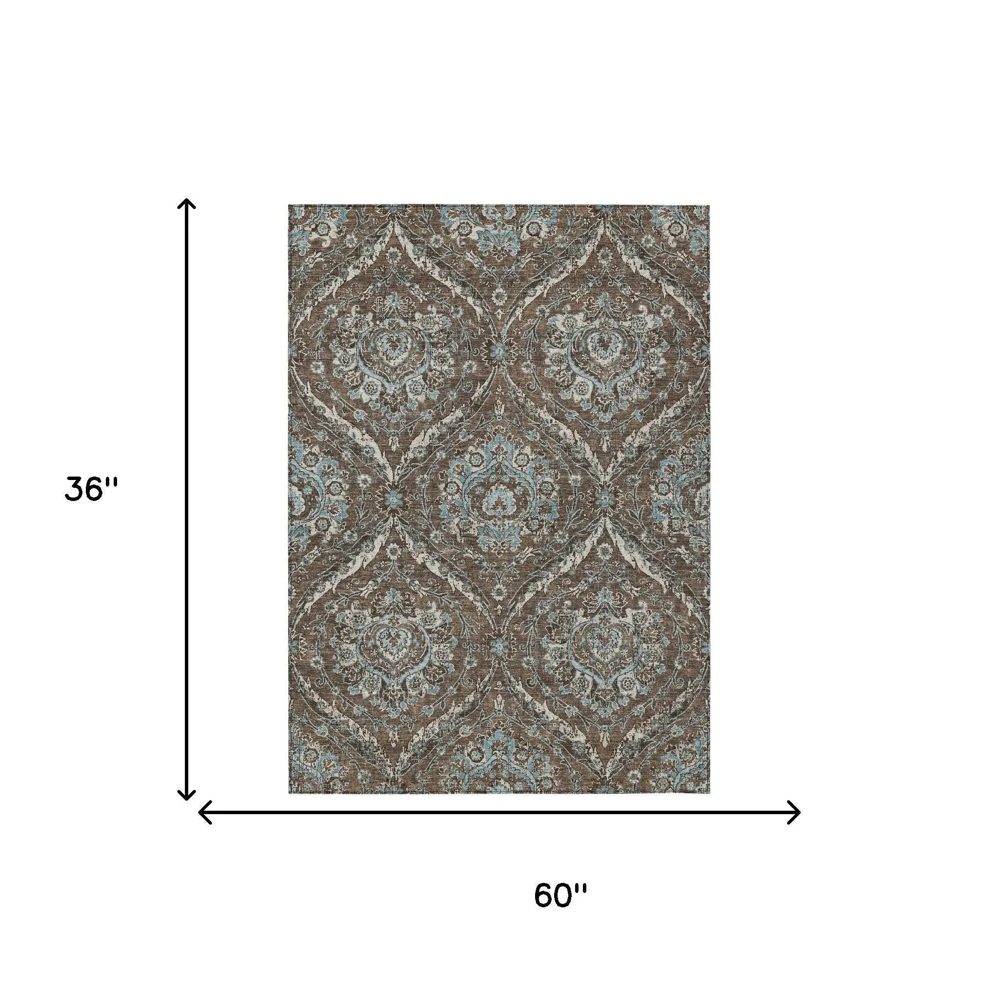3' X 5' Chocolate And Silver Floral Washable Indoor Outdoor Area Rug Homeroots Outdoor