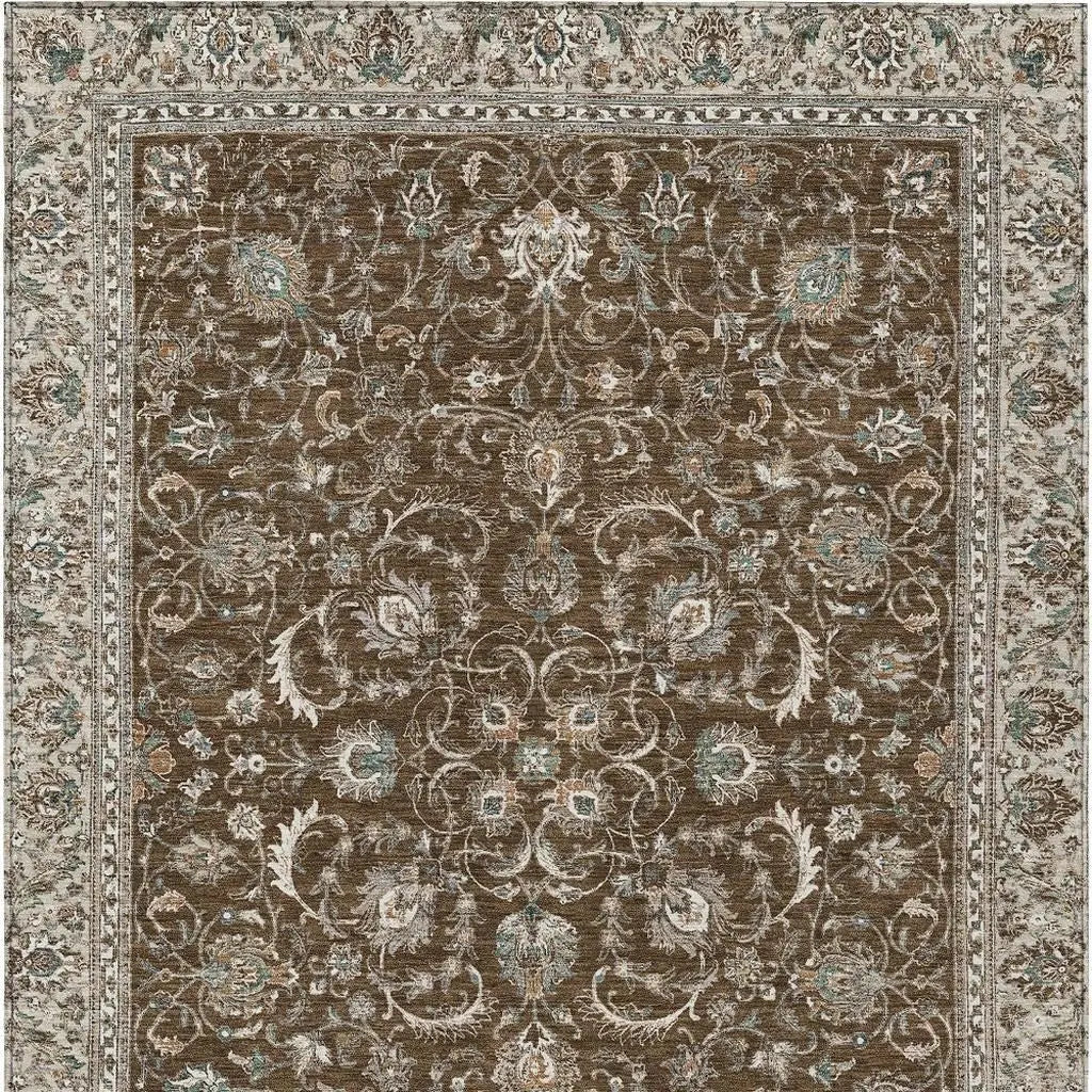 3' X 5' Chocolate And Taupe Botanical Leaves Washable Indoor Outdoor Area Rug Homeroots Outdoor