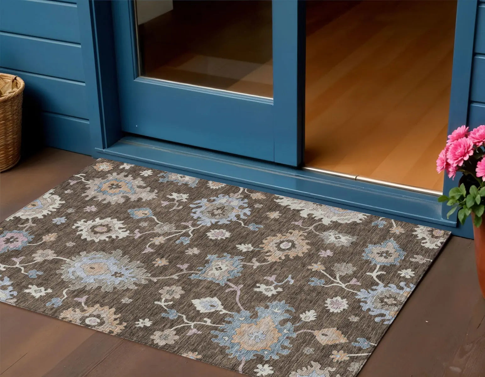 3' X 5' Chocolate Beige And Blue Floral Washable Indoor Outdoor Area Rug Homeroots Outdoor