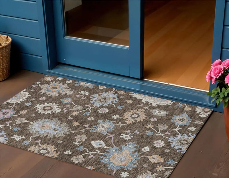 3' X 5' Chocolate Beige And Blue Floral Washable Indoor Outdoor Area Rug Homeroots Outdoor