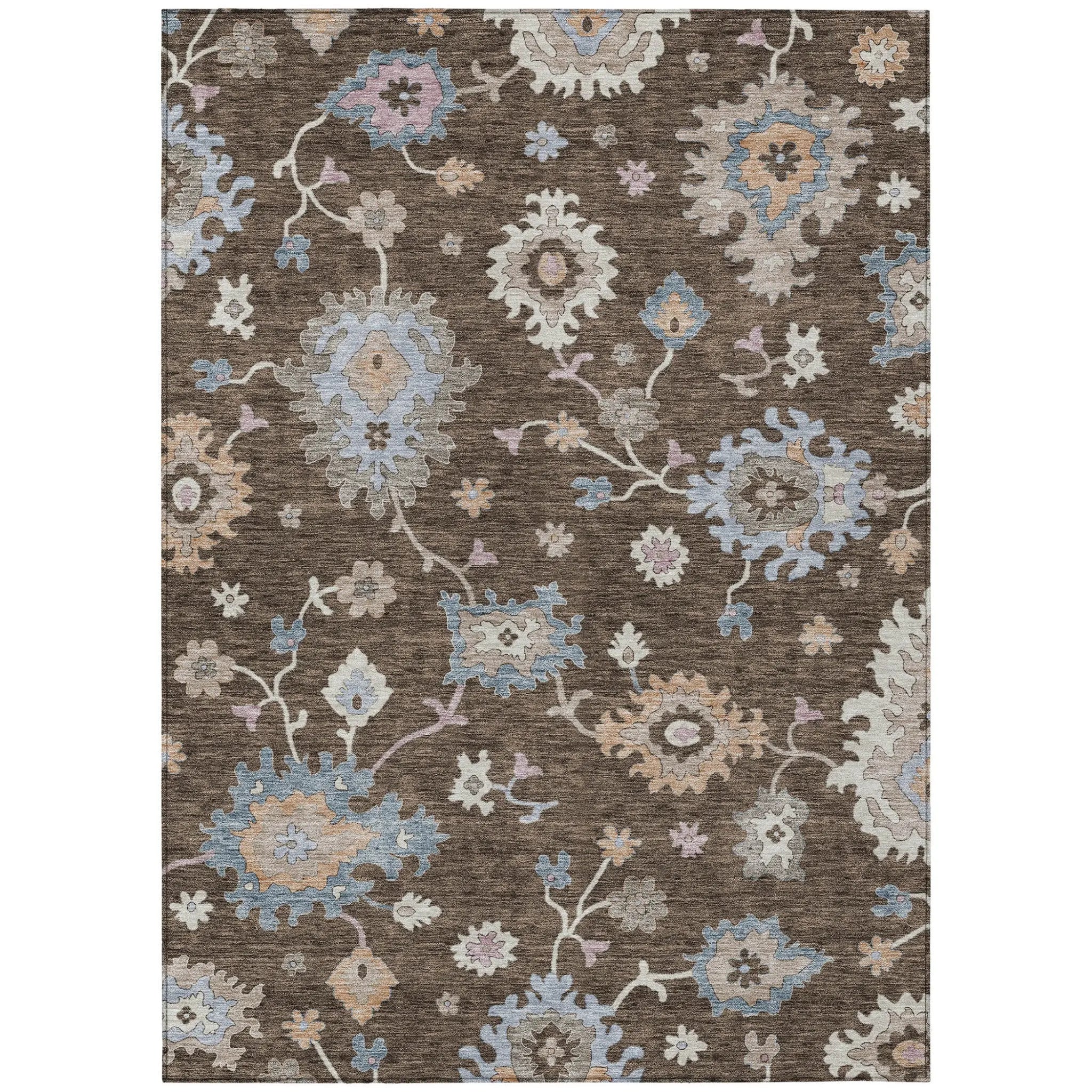 3' X 5' Chocolate Beige And Blue Floral Washable Indoor Outdoor Area Rug Homeroots Outdoor