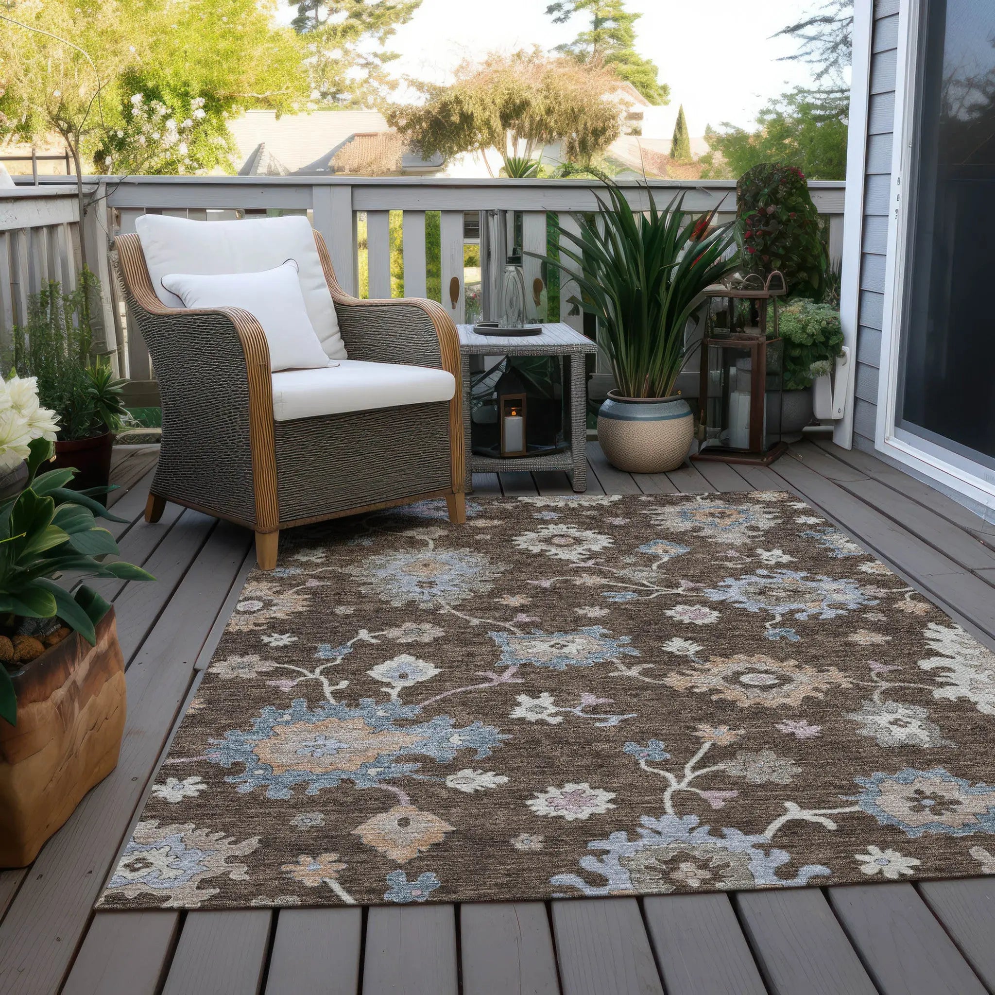3' X 5' Chocolate Beige And Blue Floral Washable Indoor Outdoor Area Rug Homeroots Outdoor