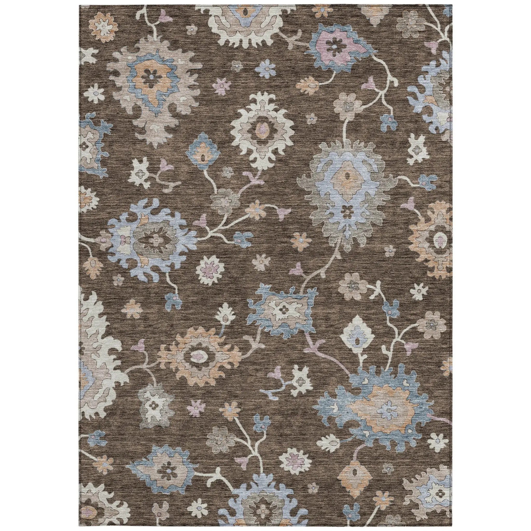 3' X 5' Chocolate Beige And Blue Floral Washable Indoor Outdoor Area Rug Homeroots Outdoor