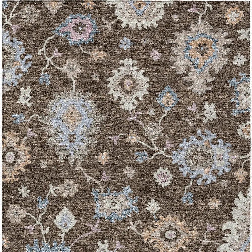 3' X 5' Chocolate Beige And Blue Floral Washable Indoor Outdoor Area Rug Homeroots Outdoor