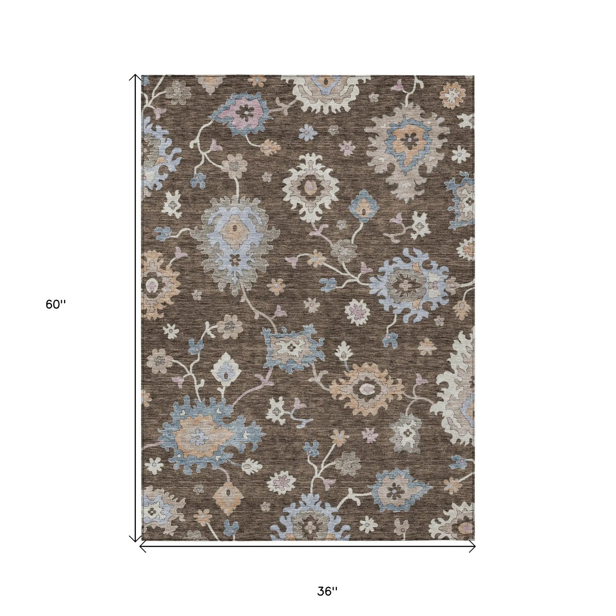 3' X 5' Chocolate Beige And Blue Floral Washable Indoor Outdoor Area Rug Homeroots Outdoor