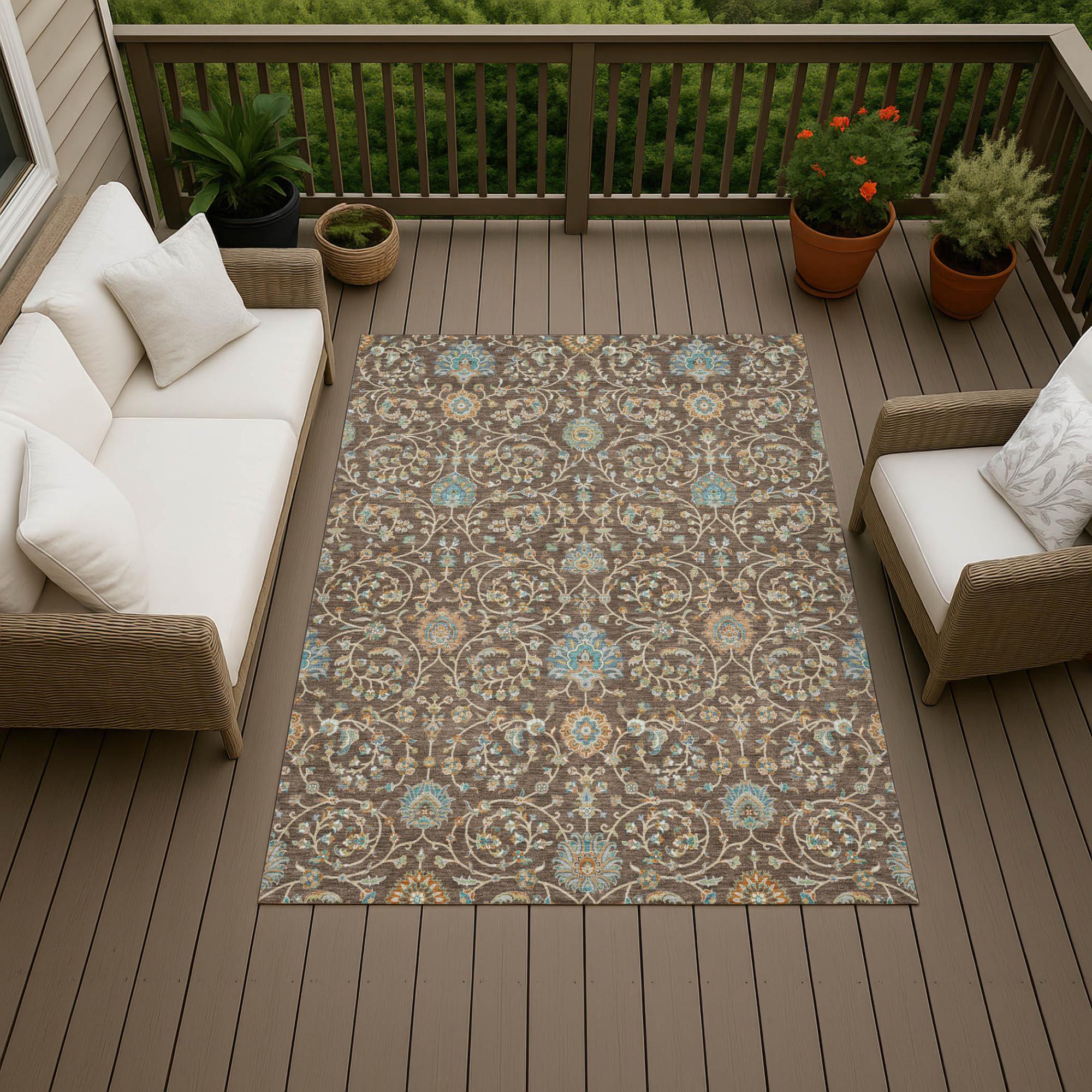 3' X 5' Coffee And Brown Floral Washable Indoor Outdoor Area Rug Homeroots Outdoor