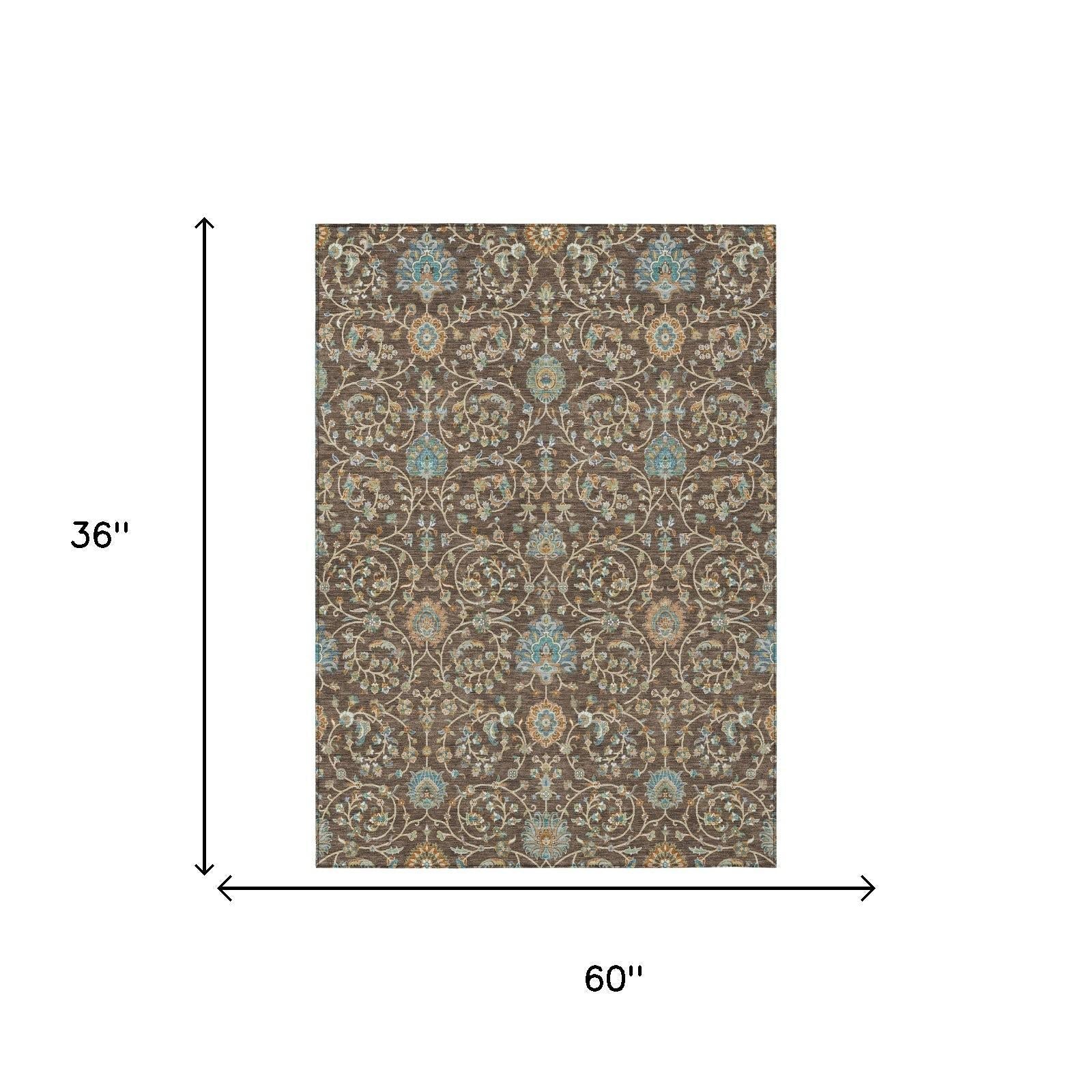 3' X 5' Coffee And Brown Floral Washable Indoor Outdoor Area Rug Homeroots Outdoor