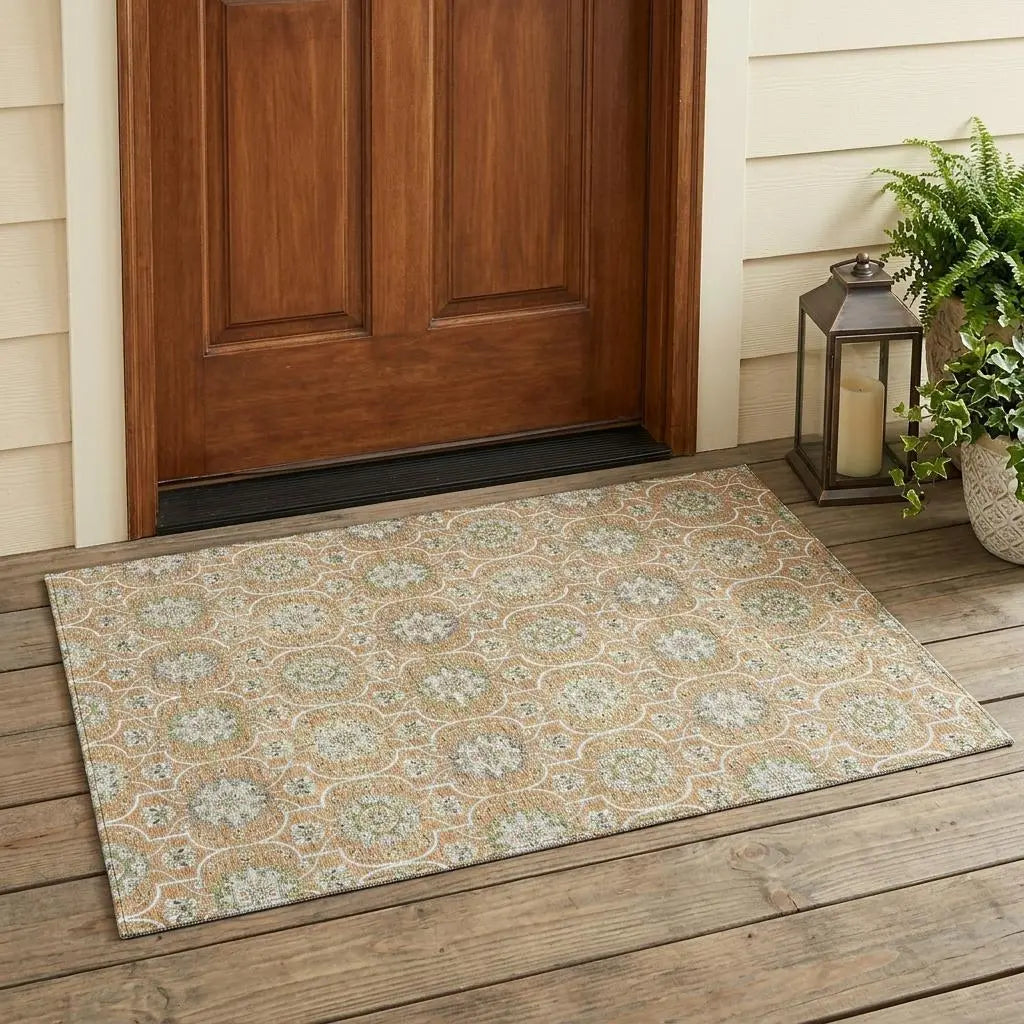 3' X 5' Copper And Beige Floral Medallion Washable Indoor Outdoor Area Rug Homeroots Outdoor